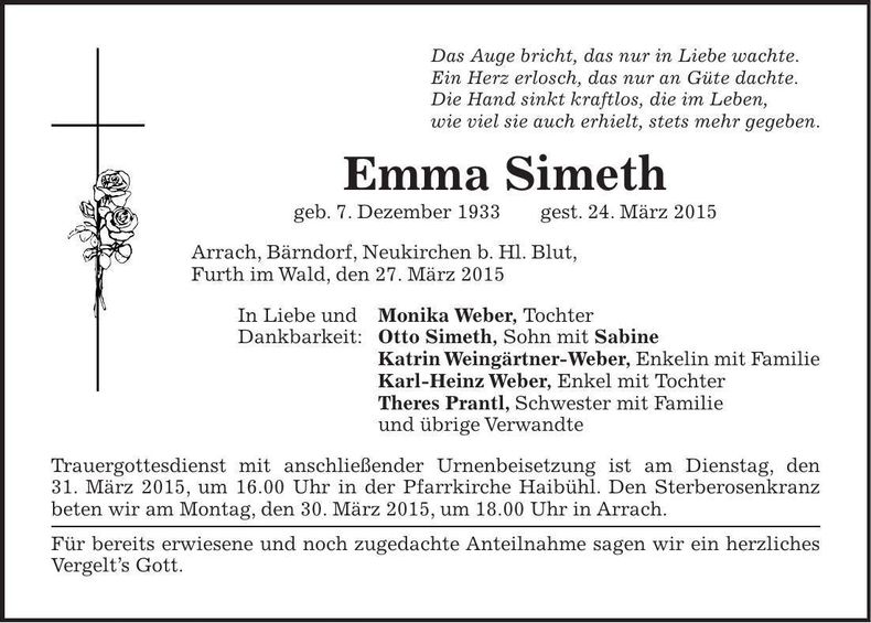 Traueranzeige Emma Simeth