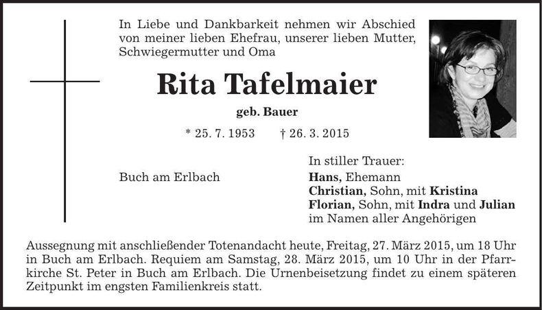 Traueranzeige Rita Tafelmaier