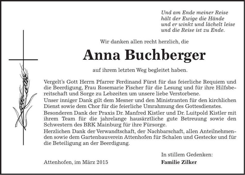 Traueranzeige Anna Buchberger
