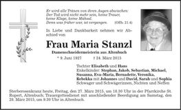 Traueranzeige Maria Stanzl
