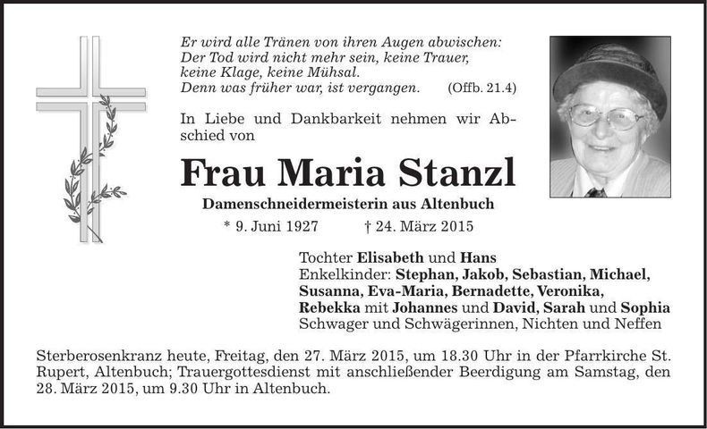 Traueranzeige Maria Stanzl