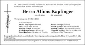 Traueranzeige Alfons Kapfinger