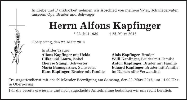 Traueranzeige Alfons Kapfinger
