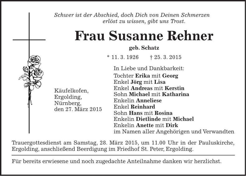 Traueranzeige Susanne Rehner