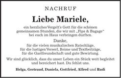Traueranzeige Brunner Mariele