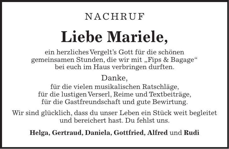 Traueranzeige Brunner Mariele