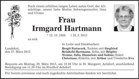 Traueranzeige Irmgard Hartmann