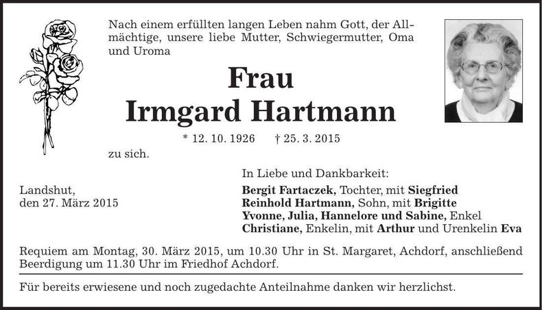Traueranzeige Irmgard Hartmann