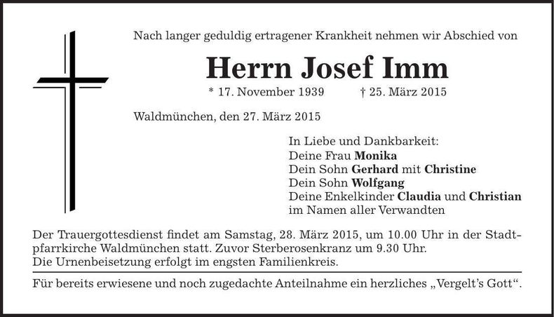Traueranzeige Josef Imm