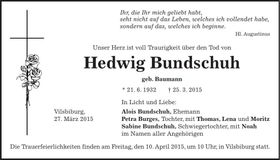 Traueranzeige Hedwig Bundschuh