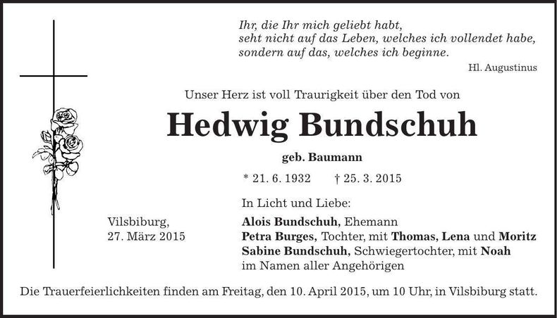 Traueranzeige Hedwig Bundschuh