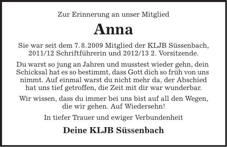 Traueranzeige Anna Hetzenecker