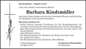 Traueranzeige Barbara Kindsmüller