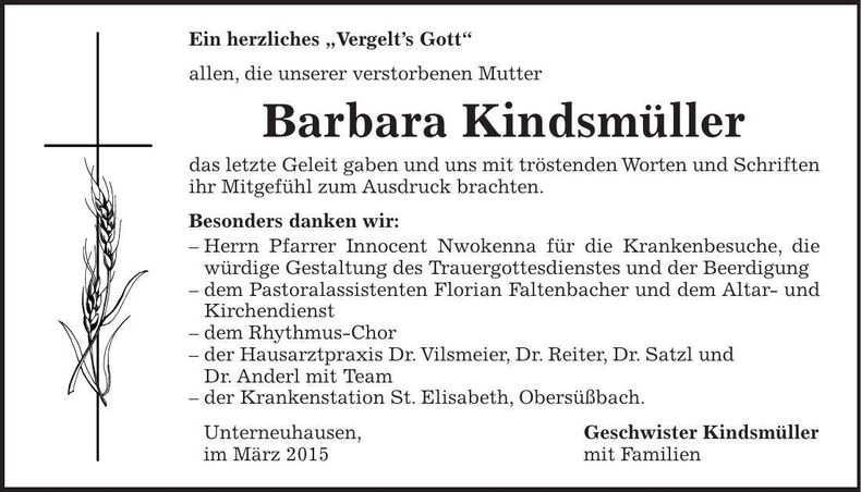 Traueranzeige Barbara Kindsmüller