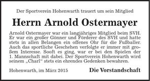 Traueranzeige Arnold Ostermayer