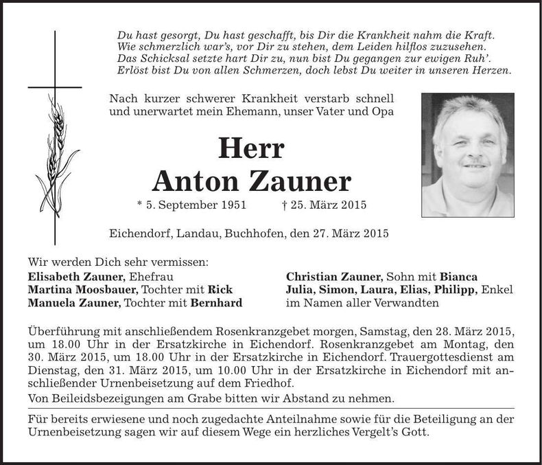 Traueranzeige Anton Zauner