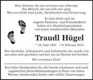 Traueranzeige Traudl Hügel