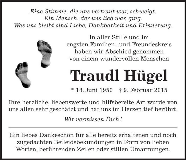 Traueranzeige Traudl Hügel