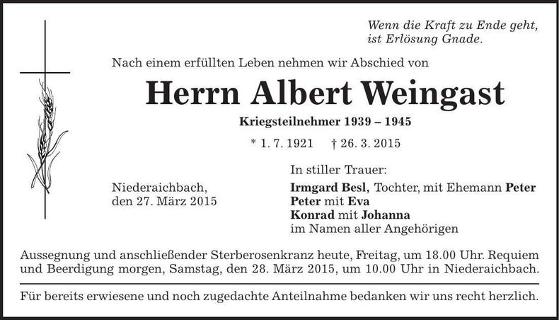 Traueranzeige Albert Weingast