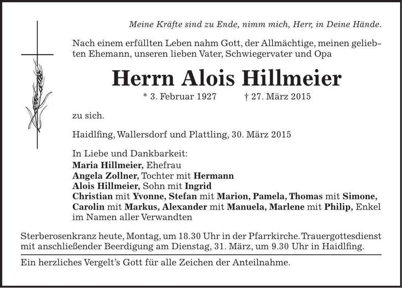 Traueranzeige Alois Hillmeier