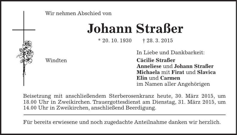 Traueranzeige Johann Straßer