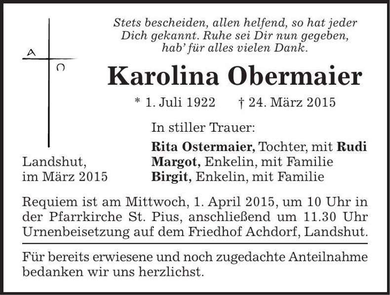 Traueranzeige Karolina Obermaier