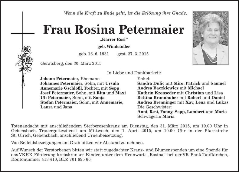Traueranzeige Rosina Petermaier