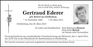 Traueranzeige Gertraud Ederer