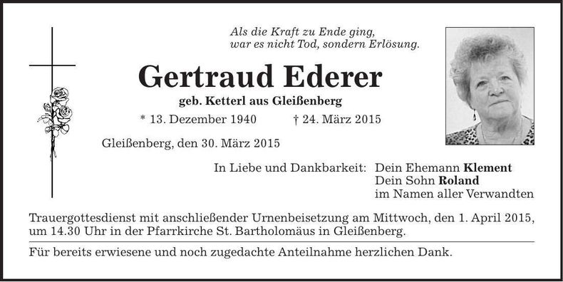 Traueranzeige Gertraud Ederer