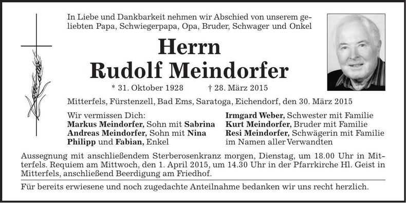 Traueranzeige Rudolf Meindorfer
