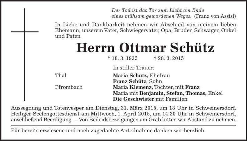 Traueranzeige Ottmar Schütz
