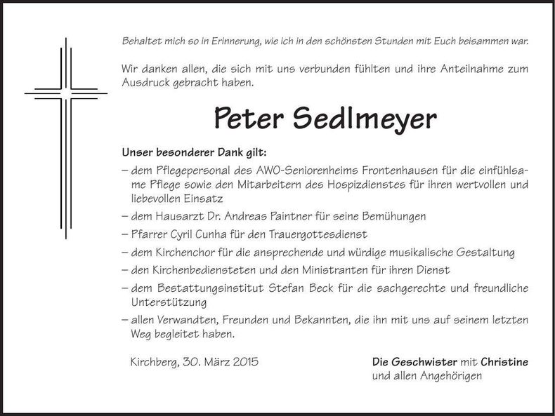 Traueranzeige Peter Sedlmeyere
