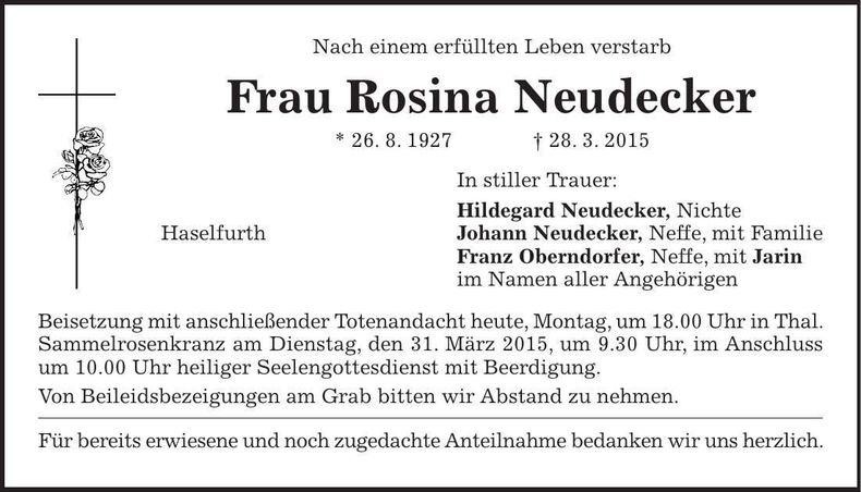 Traueranzeige Rosina Neudecker