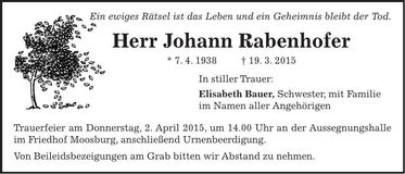 Traueranzeige Johann Rabenhofer