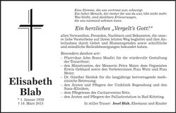 Traueranzeige Elisabeth Blab