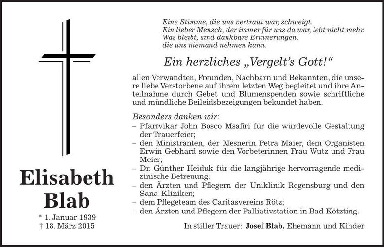 Traueranzeige Elisabeth Blab