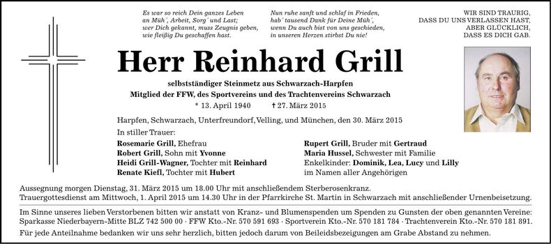 Traueranzeige Reinhard Grill