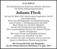 Traueranzeige Johann Fleck