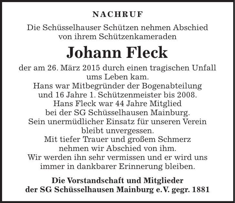 Traueranzeige Johann Fleck