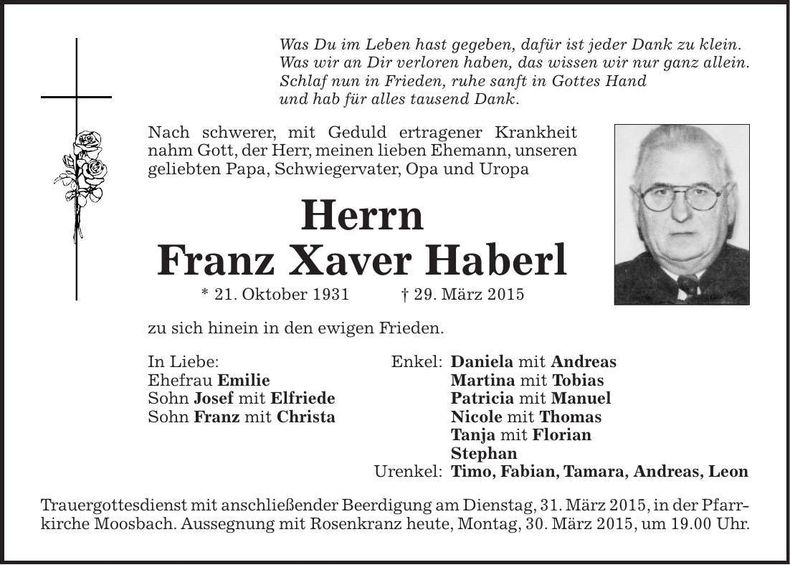 Traueranzeige Franz Xaver Haberl