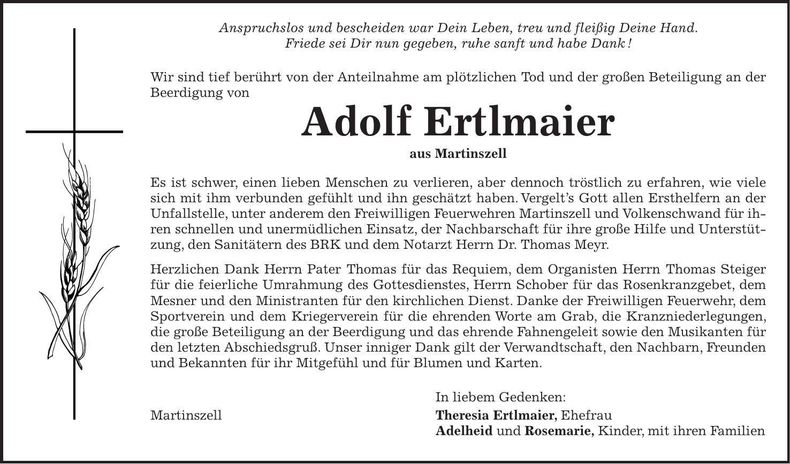 Traueranzeige Adolf Ertlmaier