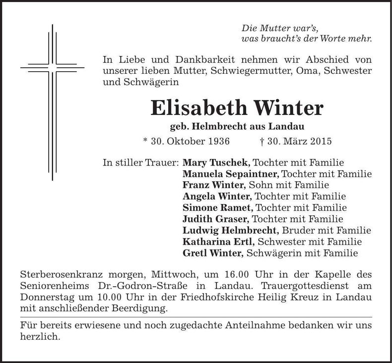 Traueranzeige Elisabeth Winter