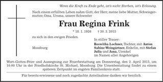 Traueranzeige Regina Frink