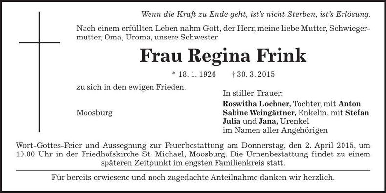 Traueranzeige Regina Frink