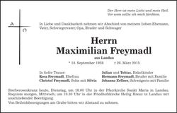 Traueranzeige Maximilian Freymadl