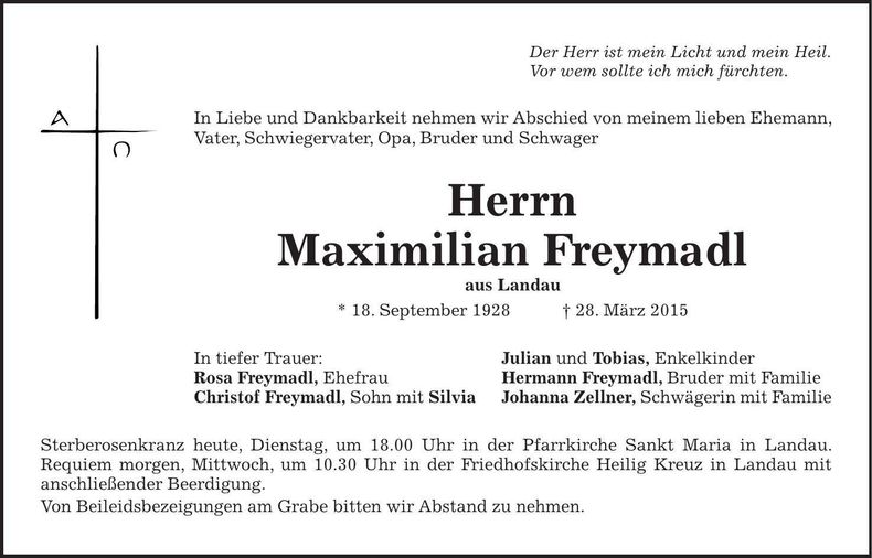 Traueranzeige Maximilian Freymadl