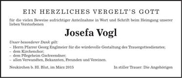 Traueranzeige Josefa Vogl