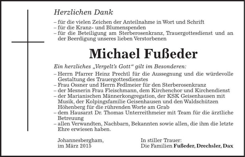 Traueranzeige Michael Fußeder