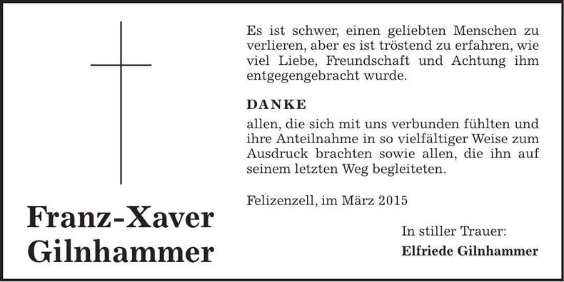 Traueranzeige Franz-Xaver Gilnhammer