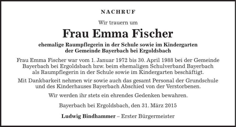 Traueranzeige Emma Fischer